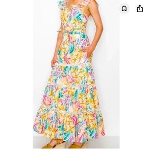 MELLODAY Floral Pink tiered midi dress - size small - brand new with tags